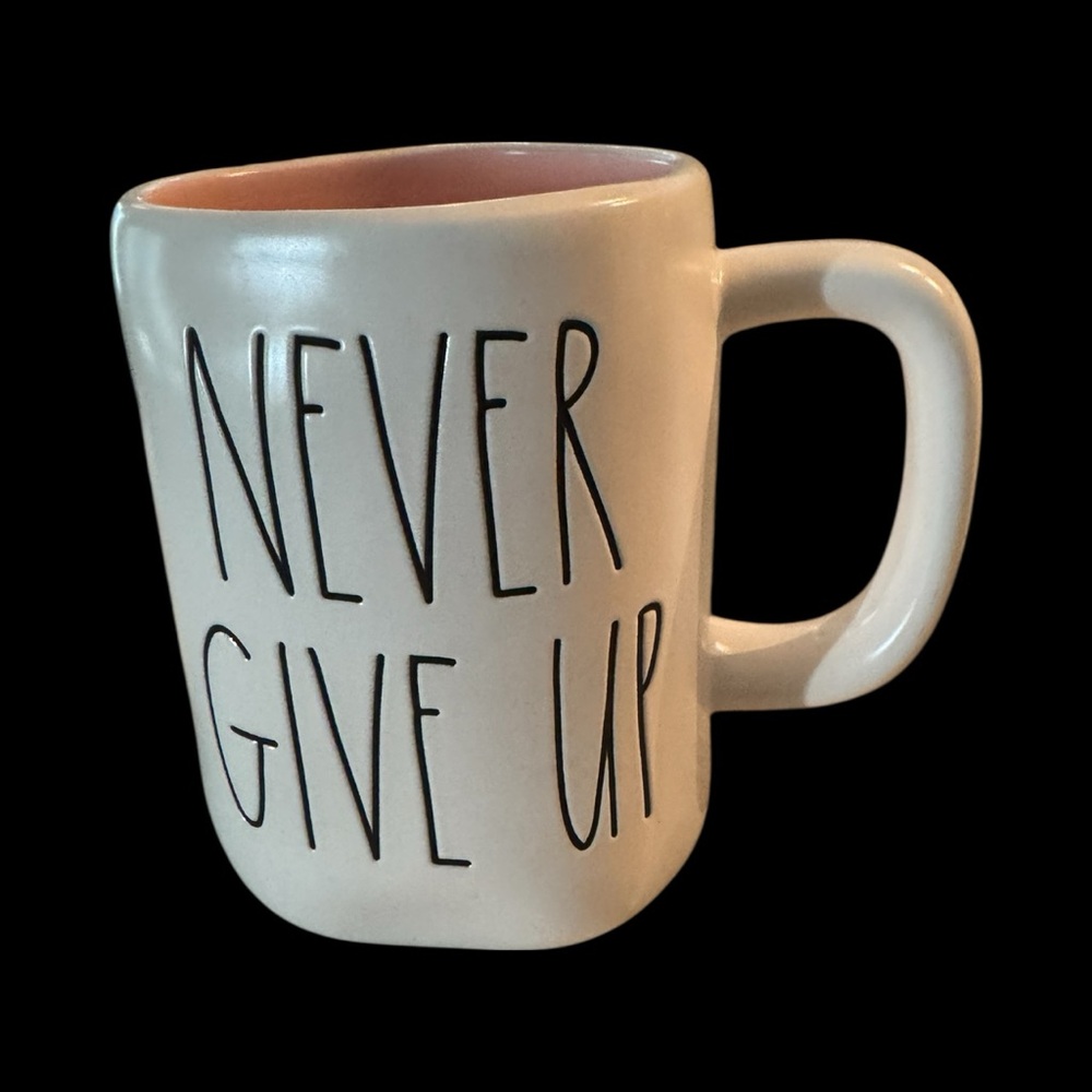 Rae Dunn Cream 'Never Give Up' Inspirational Mug